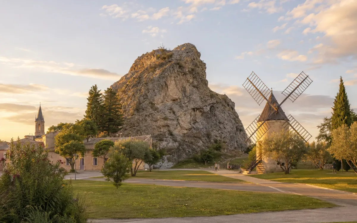 Le Rocher de Pierrelatte et le centre ancien à la lumière de fin de journée